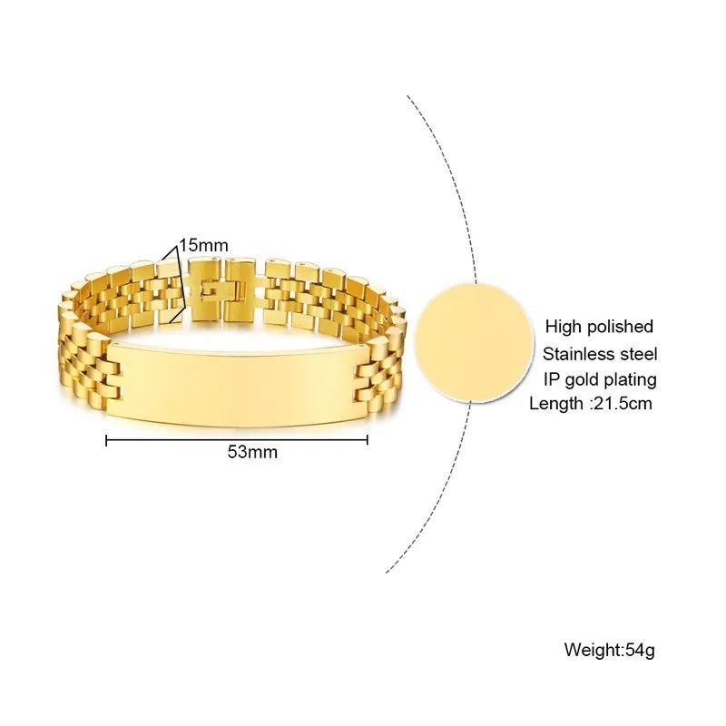 Vnox 남성용 폭 ID 태그 팔찌, 무료 맞춤형 이름 각인, 사랑 정보, 3 색 시계 밴드, 랩 링크 체인, 15mm