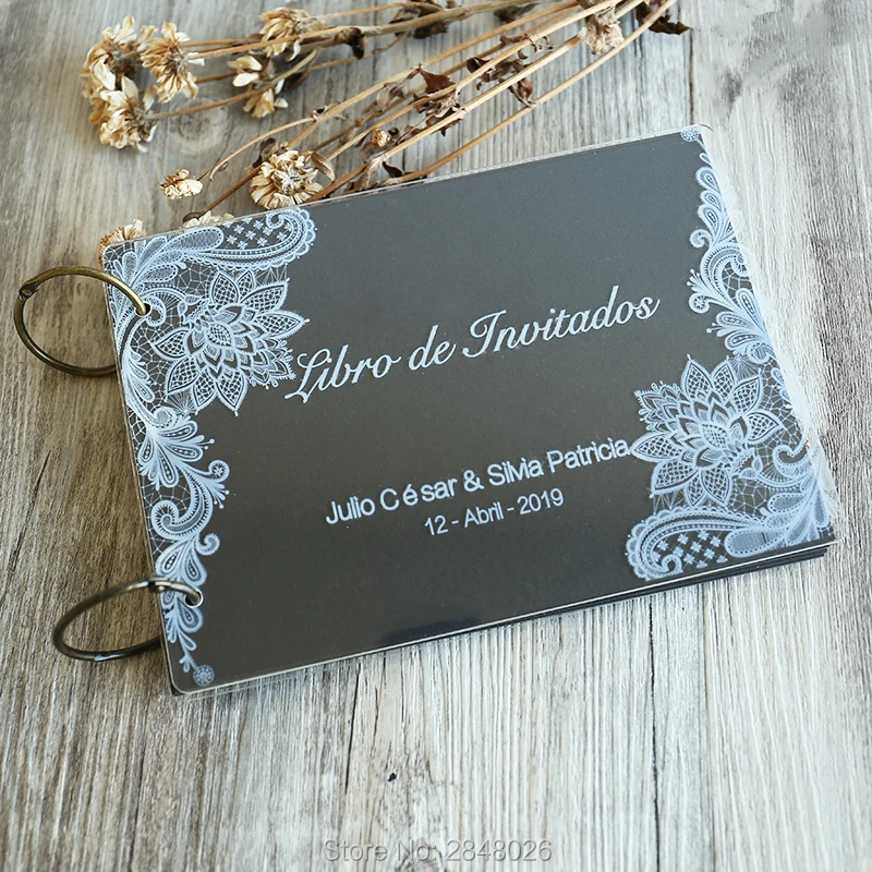 

Engraved lace with names wedding guestbook,Custom clear acrylic Wedding Mr&Mrs guest book, personalised sign in album