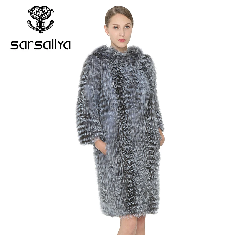 SARSALLYA – manteaux de fourrure de renard en argent véritable pour femme, veste longue d'hiver, vêtements d'extérieur