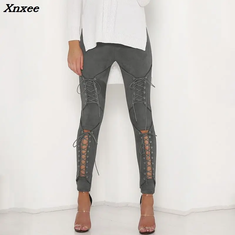 Lace up suede leggings women bandage pants women autumn winter legging sexy slim long trousers ladies pencil pants Xnxee