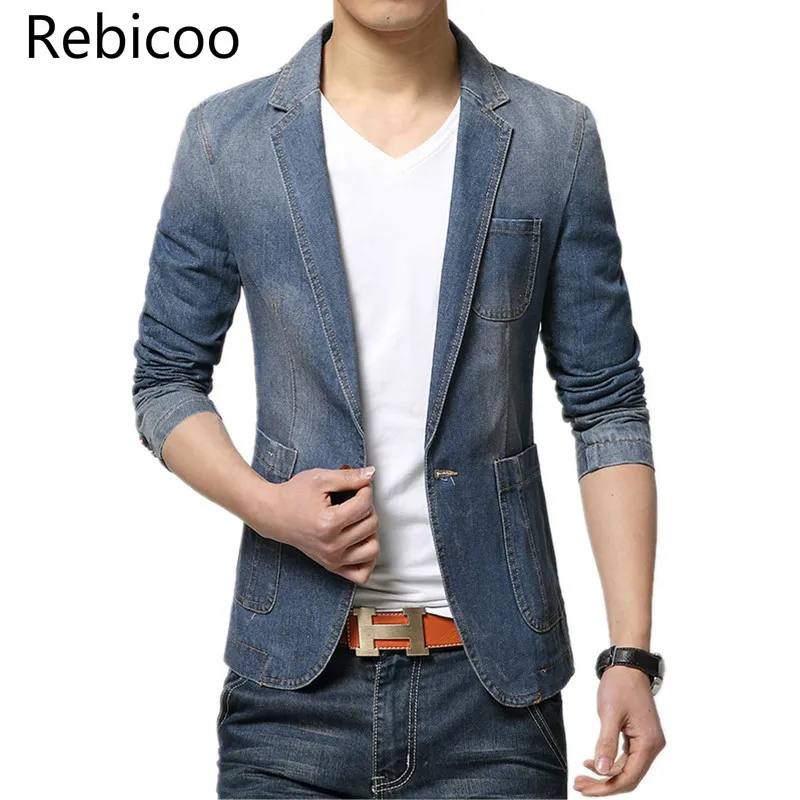 M-3XL Men Denim Blazer Jackets Men Blazer Slim Fit Terno Blaser Masculino Jaquetas Men's Suits Blazer Man Jeans Coats