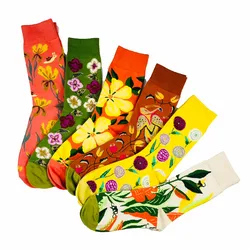 Women Sock Colorful Cute Flower Harajuku Funny Happy Cotton Socks Female Streetwear Pink Casual Hip Hop Hosiery Autumn Winter