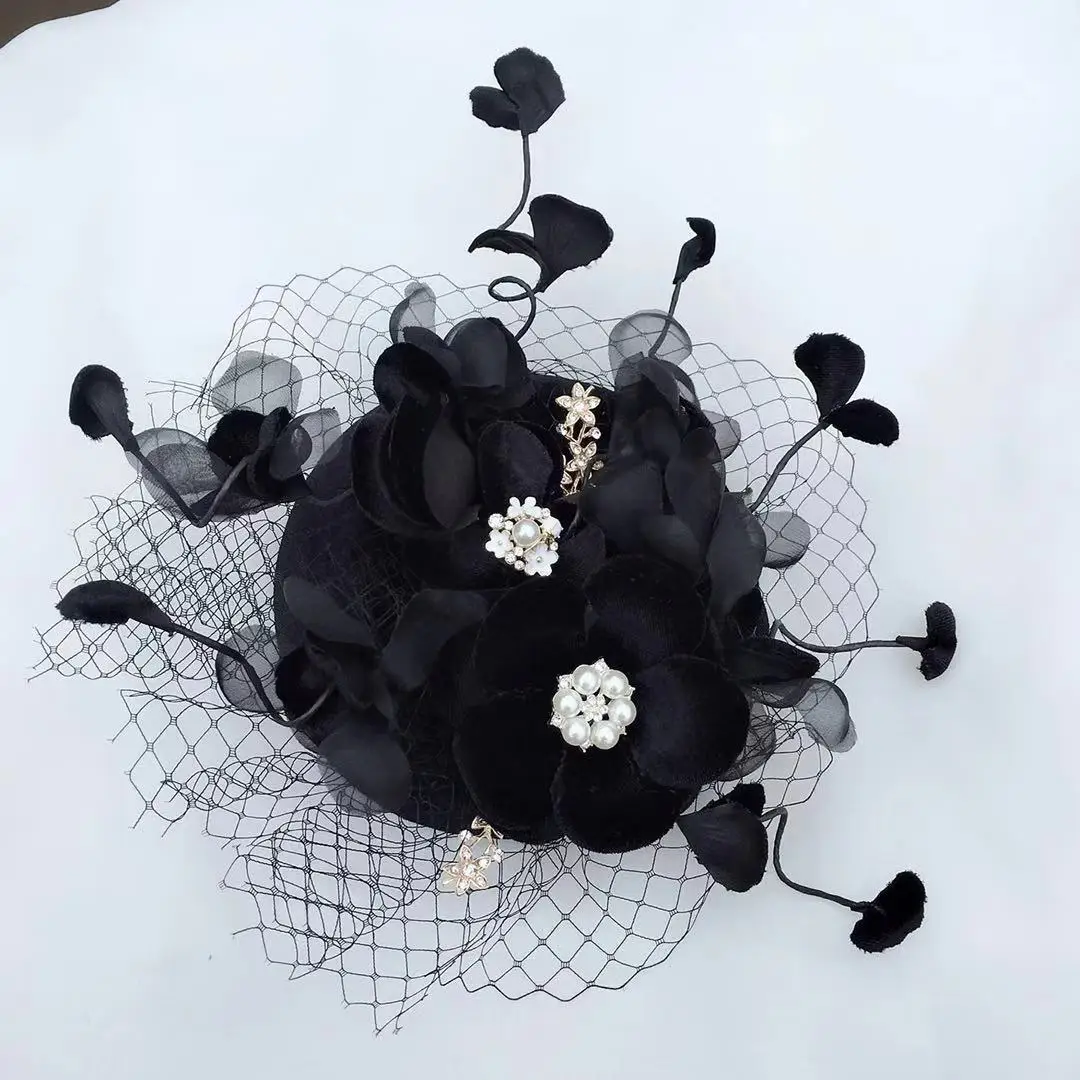 Black Bride Wedding Hat Flannelette Flower Banquet Wedding Hair Decoration Bonnet Pearl Vintage Bridal Accessories Mingli Tengda