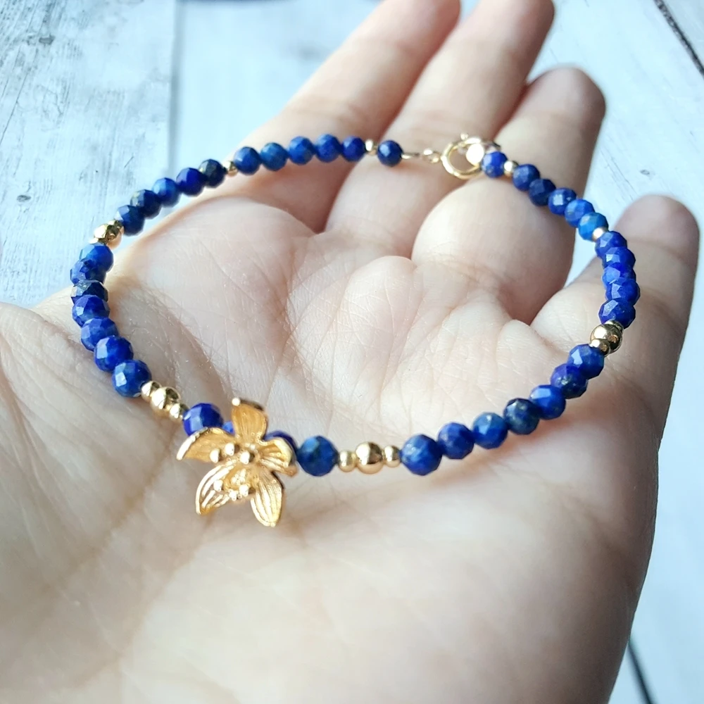 LiiJi Unique Real Lapis Lazuli Gold color flowers charm Bracelet 925 Sterling Silver Delicate Jewelry Drop Shipping