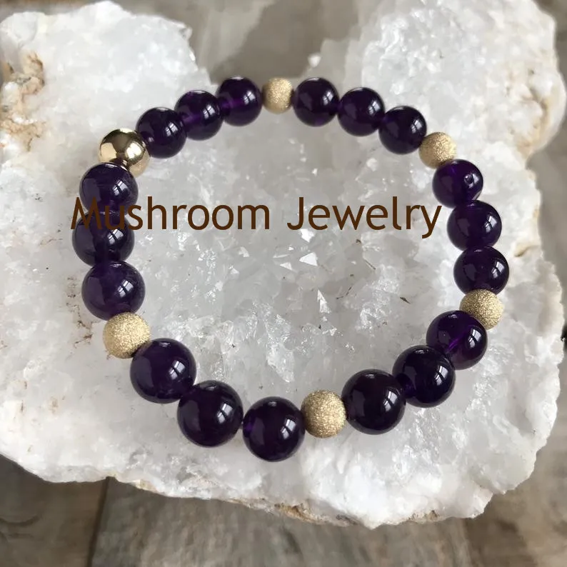 Amethysts Stone Bracelet Boho Chic Gold Brushed Ball Beads Strand Bracelets