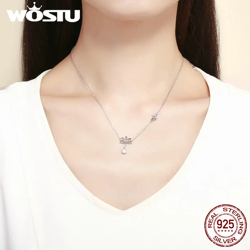 WOSTU Genuine 100% 925 Sterling Silver Lotus Flower Pendant Necklaces For Women Elegant Luxury Original Jewelry Best Gift CTN012