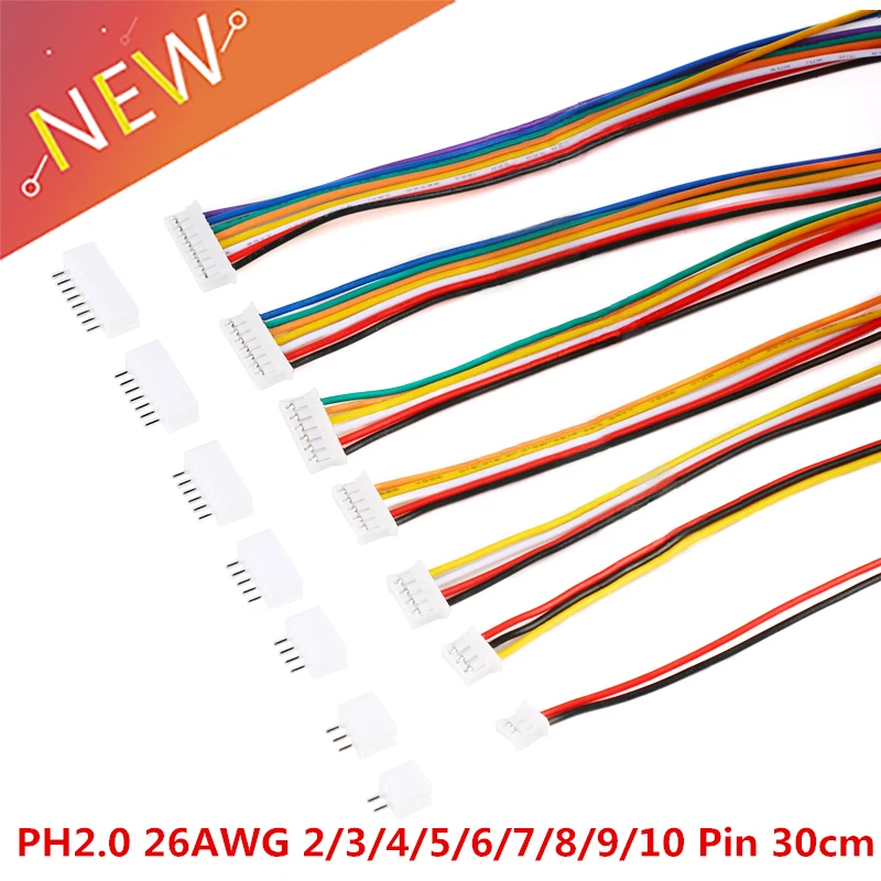 20PCS=10Sets Micro Mini JST 2.0 PH Connector Male Female 2/3/4/5/6/7/8/9/10-Pin Plug With Wires Cables Socket 300MM 26AWG New