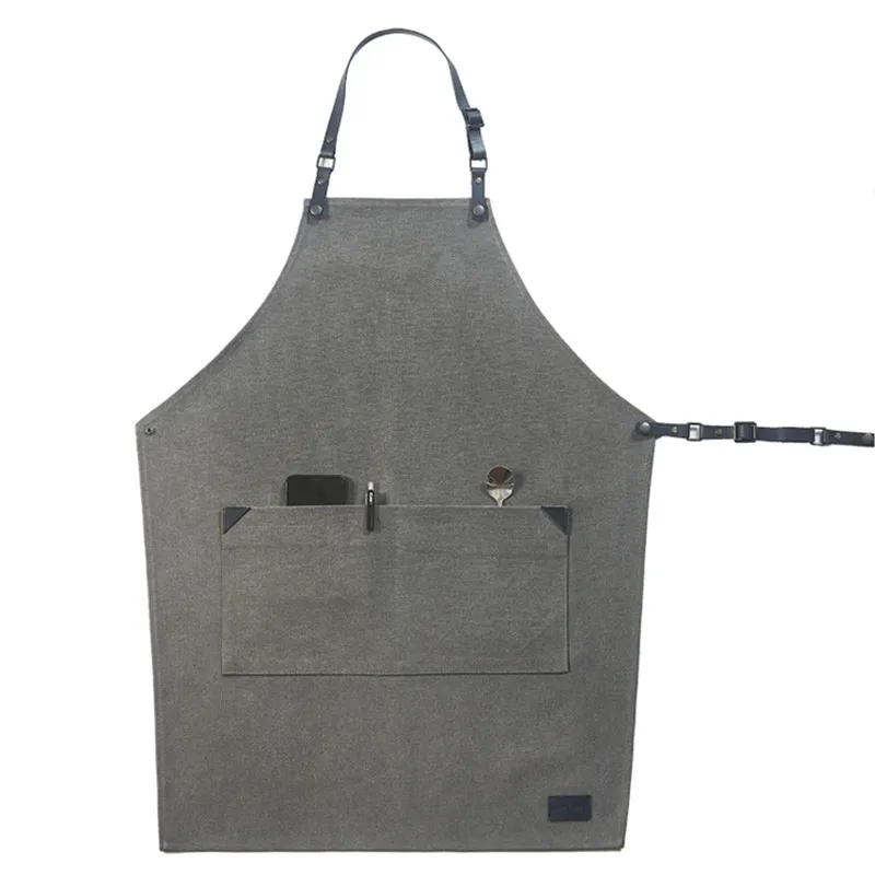 Black Gray Canvas Apron Leather Strap Hairdresser Barber Florist Workwear Barista Bartender Baker Pastry Waitstaff Uniform D92