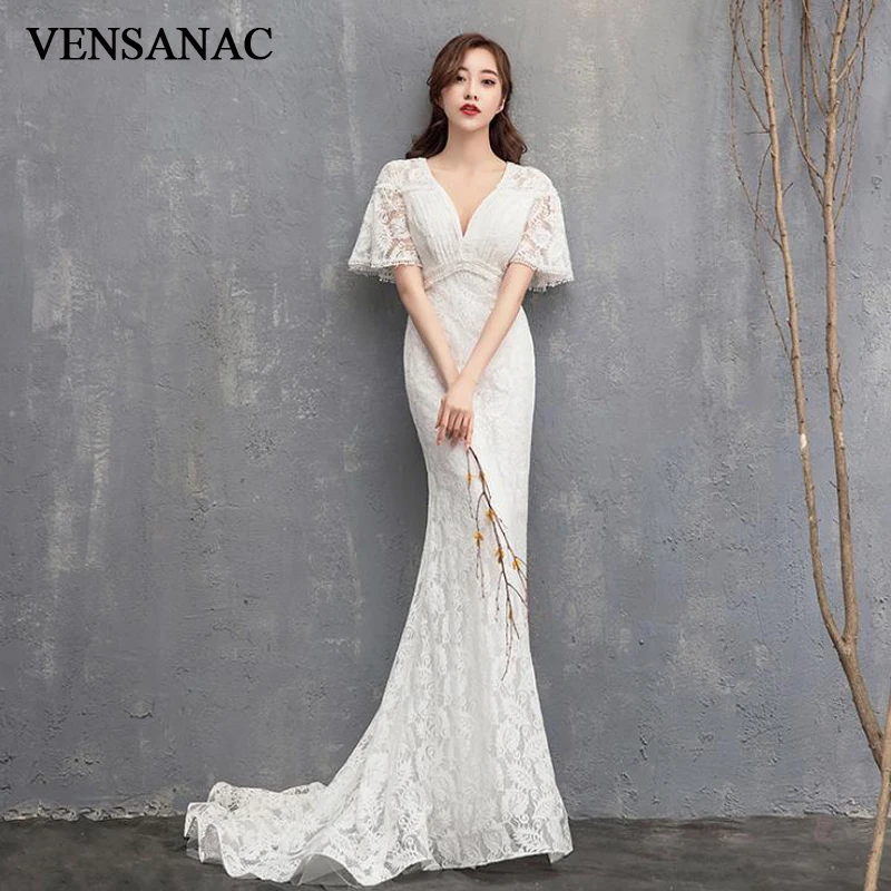 

VENSANAC Sexy Deep V Neck Lace Embroidery Mermaid Wedding Dresses Hollow Out Short Sleeve Sweep Train Bridal Gowns