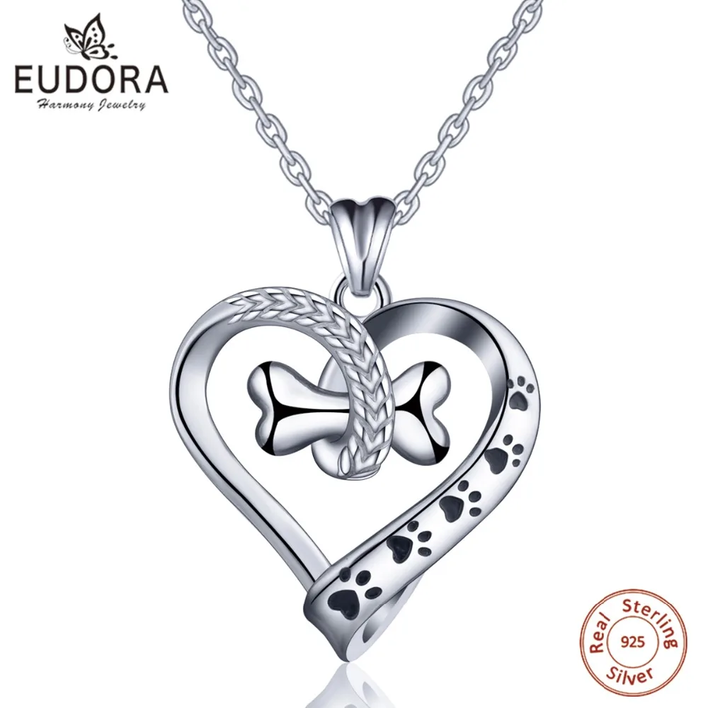 Eudora 925 Sterling Silver Pet Dog Pendant Heart Necklaces Dog Footprint & Bone Women Fine Jewelry For Girl Party Gifts  D105