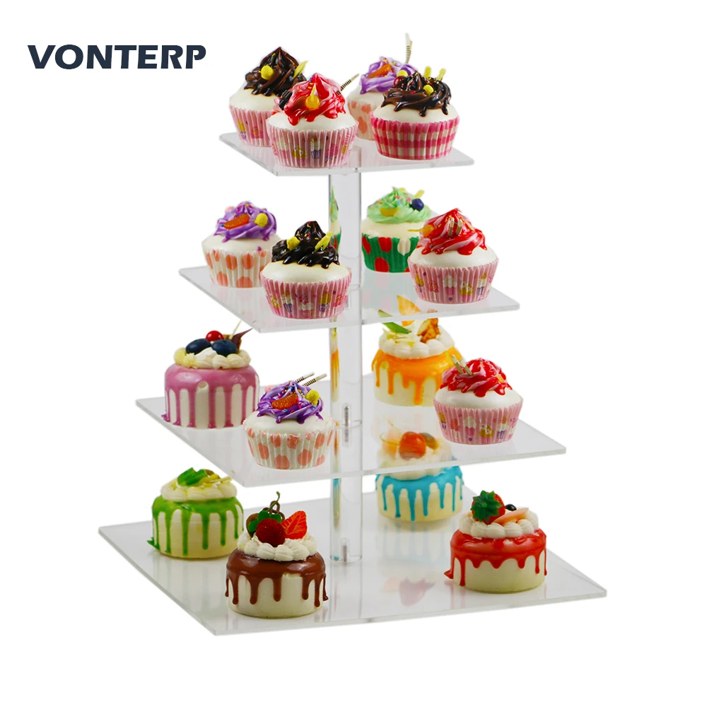 HMROVOOM square  transparent 4 Tier Acrylic Cupcake Display Stand  cake holder for part wedding