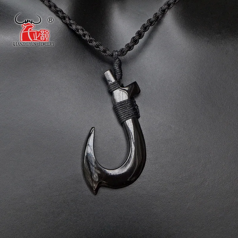 1PC Hawaii Surfer Jewelry Handmade Carved buffalo horn  Fish Hook Pendant New Zealand Maori Tribal Choker WoMen\'s Men\'s Necklace