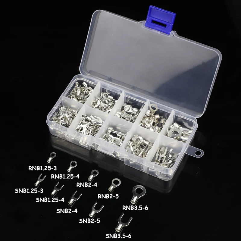 320Pcs/Box 10 In 1 Terminals Non-Insulated Ring Fork U-type Brass Terminals Assortment Kit Cable Wire Connector Crimp Spade