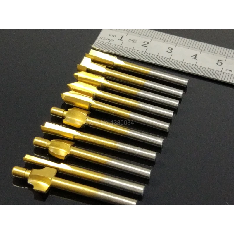 10 pçs conjunto caixa-embalado ferramentas de corte de madeira hss titânio escultura entalho fresa 1/8 "haste circular para dremel ferramenta