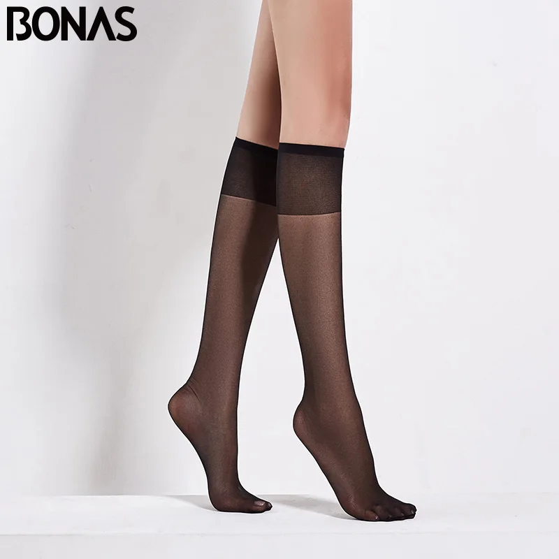 BONAS 4pairs/lot Women Stockings 20D Lower Leg Knee Female Transparent Stocking Thin Long Solid Women Girls Stocking Polyestey