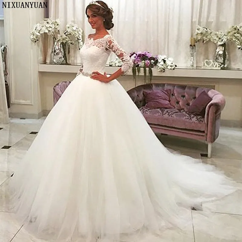 Precioso vestido De novia blanco con apliques De encaje, traje De boda con faja De cristal y cremallera trasera, 2023