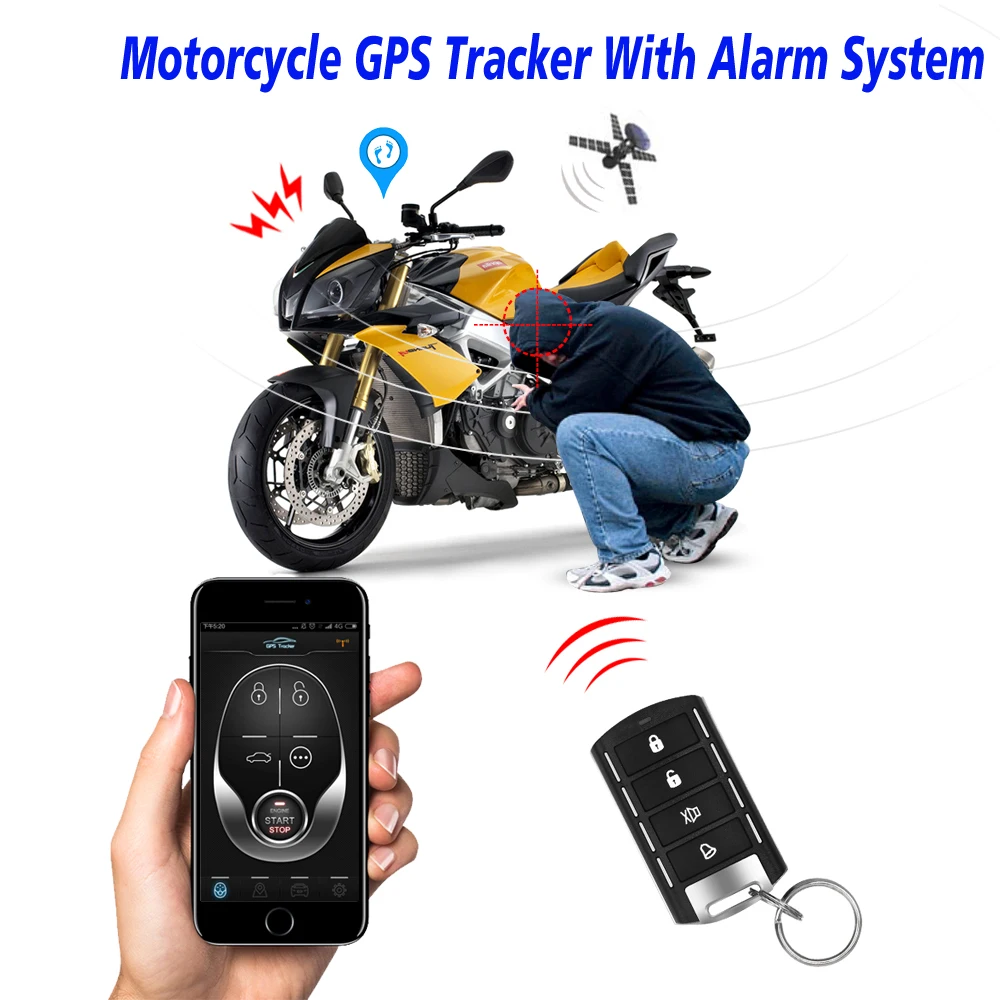 Motorcycle GPS Tracker + One Way Remote Engine Start Motorcycle Alarm with Android and Iphone APP with 2 remote controller