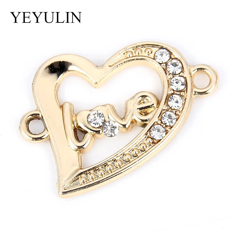 10 Pcs Golden Color Love Heart Shape Alloy  Crystal Connector Bracelet Charm For FIY Fashion Jewelry Making 2.1*2.3cm