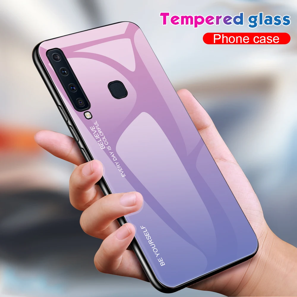 Gradient Tempered Glass Phone Case For Samsung Galaxy A9 2018 SM-A920F A920 Painted Layer Cover Housing Case For A9 2018 Coque