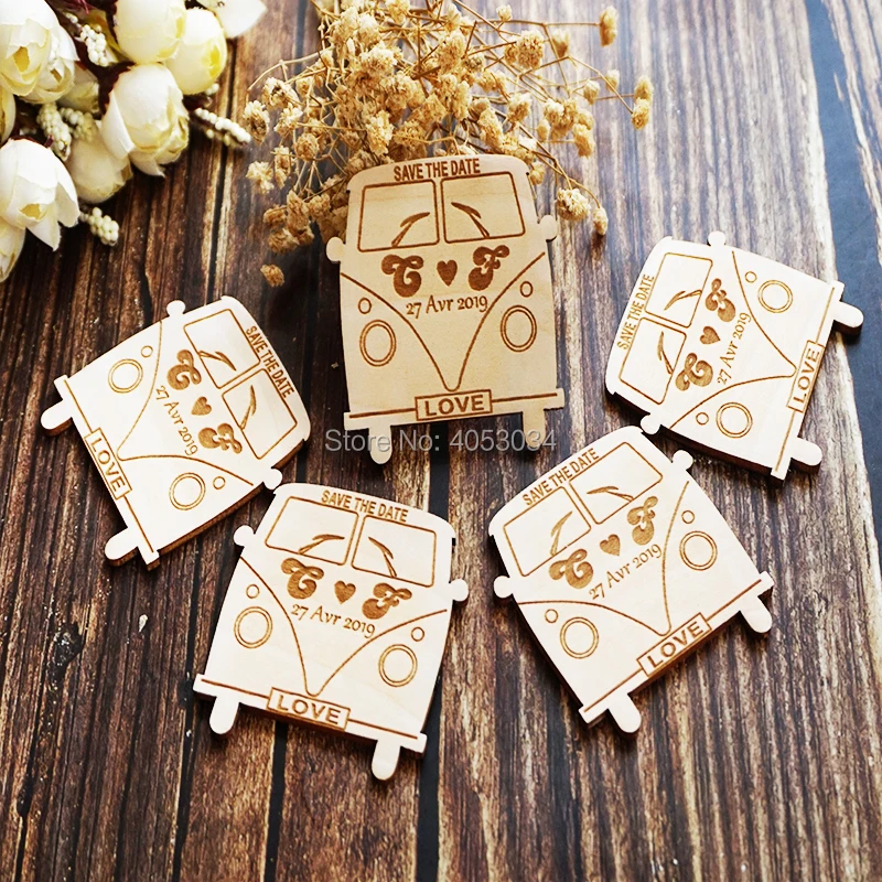 

Campervan Fridge Magnet Engraved Rustic Vintage Destination Wedding Gift invitation