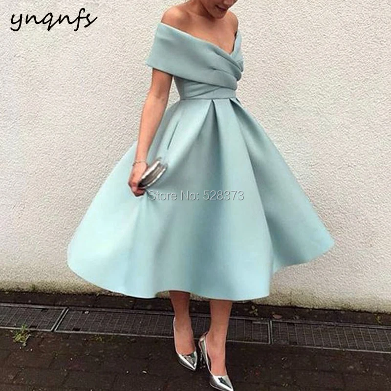 

YNQNFS RE12 Robe De Soiree Courte Cocktail Vestido Curto Off Shoulder Ball Gown Tea Length Vintage Mother of the Bride Dresses