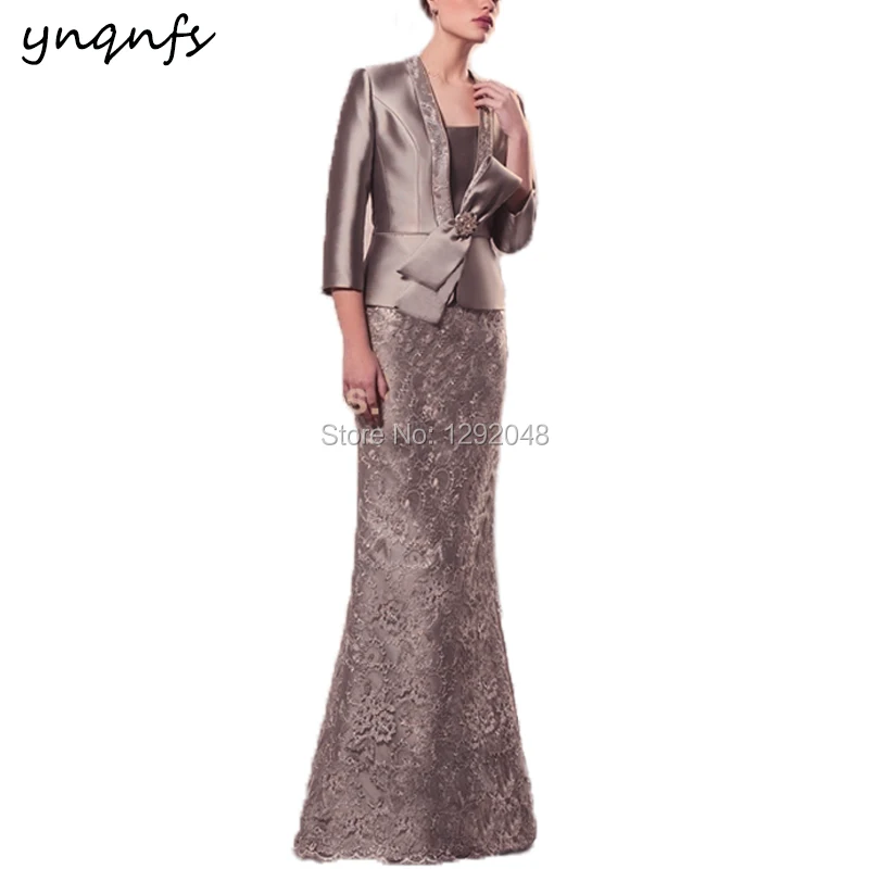 YNQNFS-vestido Formal M181d de 2 piezas, traje largo de sirena verde oliva para madre del Novio con chaqueta, vestido de madrina para fiesta