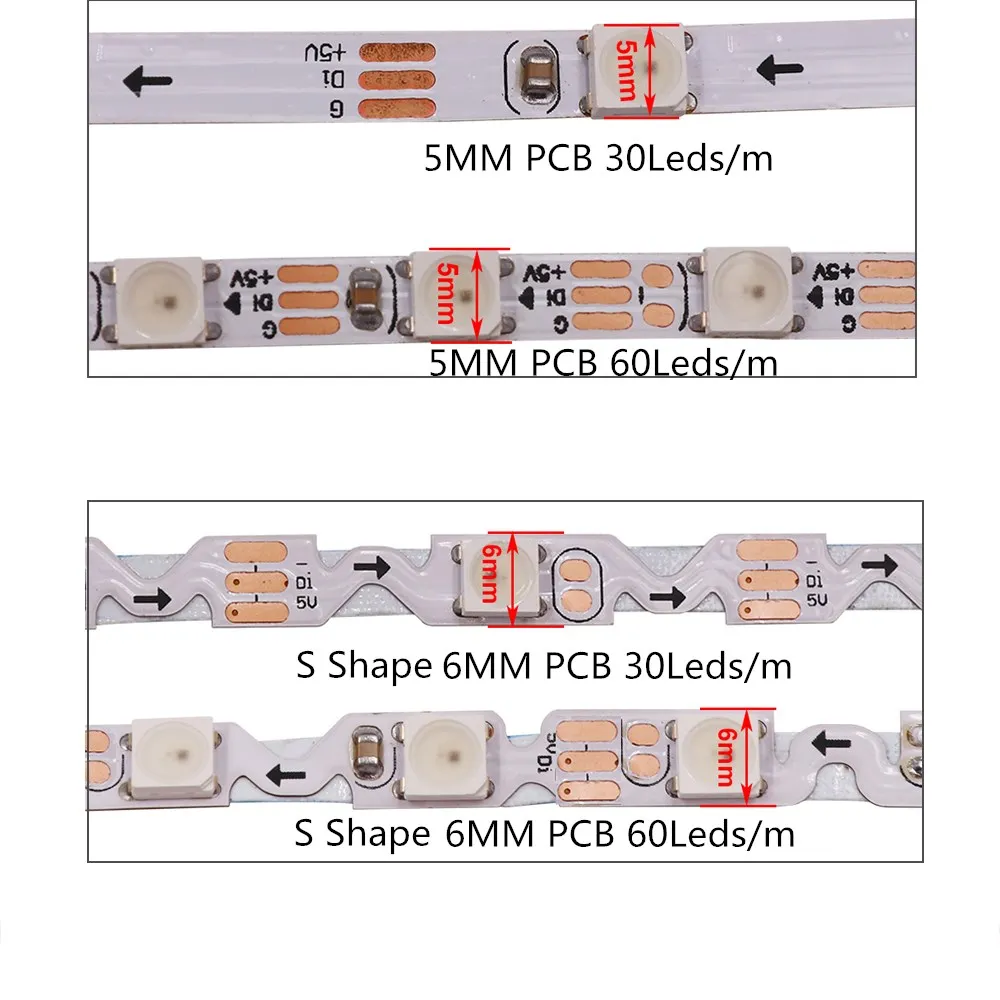 5V WS2812B pełnokolorowa taśma LED 30 leds/m 60 leds/m 5mm 6mm PCB S kształt adresowalny piksel 5050 RGB LED Light