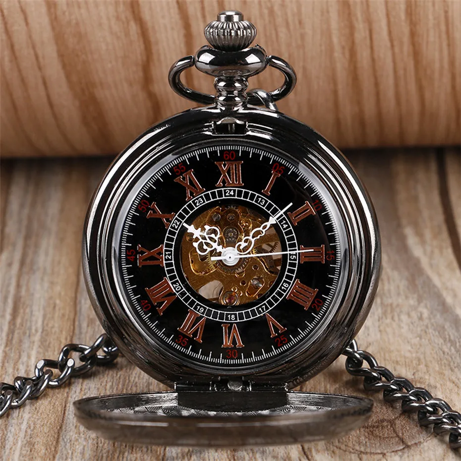 Hollow Circel Mechanical Pocket Watch Pendant Clock for Men Suit Hand-Winding Pocket Watches Steampunk Black Fob Clock Gift Male