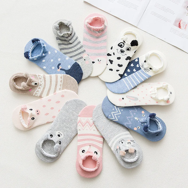 New Cotton Women Socks Kawaii Carton Animal Pink Pig Cat Dog Striped Socks Slippers Women Casual Soft Funny Boat Socks