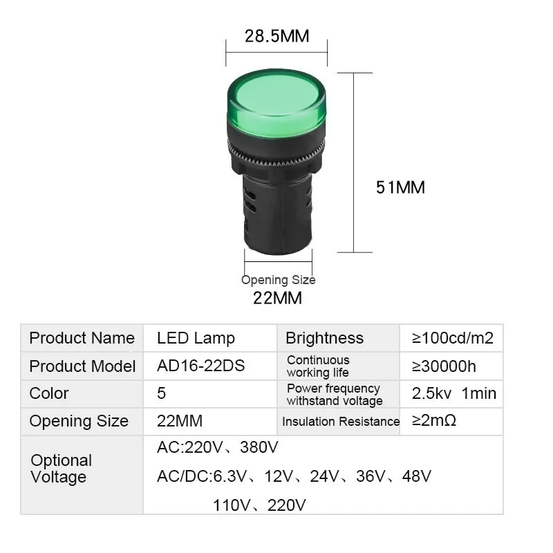 Luz indicadora de 10 piezas, 22mm, 12V, 24V, 110V, 220V, 380V, montaje en Panel, lámpara de señal piloto de potencia LED, AD16-22DS