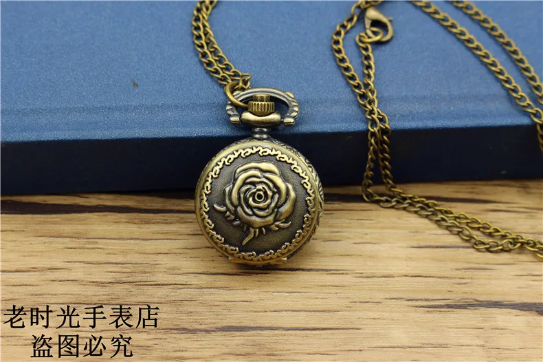 Nazeyt Vintage Bronze Antique Rose Flower Quartz Pocket Watch Necklace Pendant Chian Women Men Birthday Gifts Relogio De Bolso