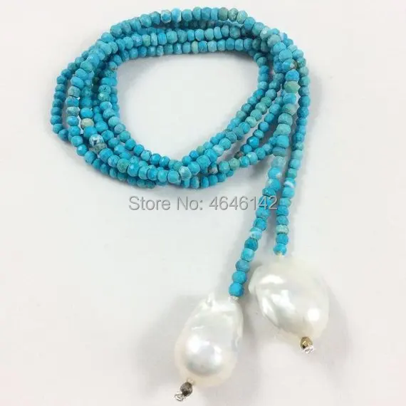 Turquoises Beaded Baroque Pearl Lariat Necklace,Long Turquoises Stone Wrap Necklace