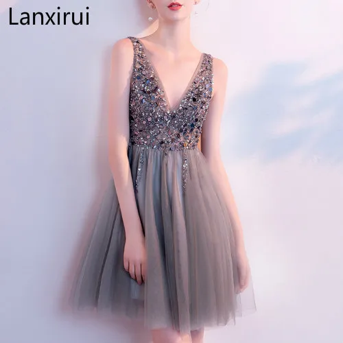 

Sexy Women Gray Party Dresses A line V neck Sequins beaded Mini Formal Dress Girls Backless Dinner Dress Vestidos