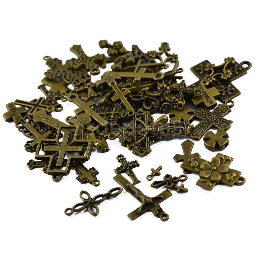 50pcs Assorted Lots of Antique Bronze Cross Charms Pendants Jewelry Making