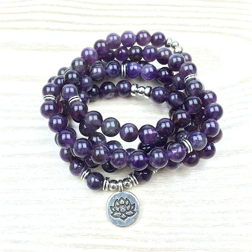 8mm Natural Beads Amethysts 108 Mala Bracelet or Necklace OM Lotus Charm Yoga Bracelet Handmade Jewelry Purple