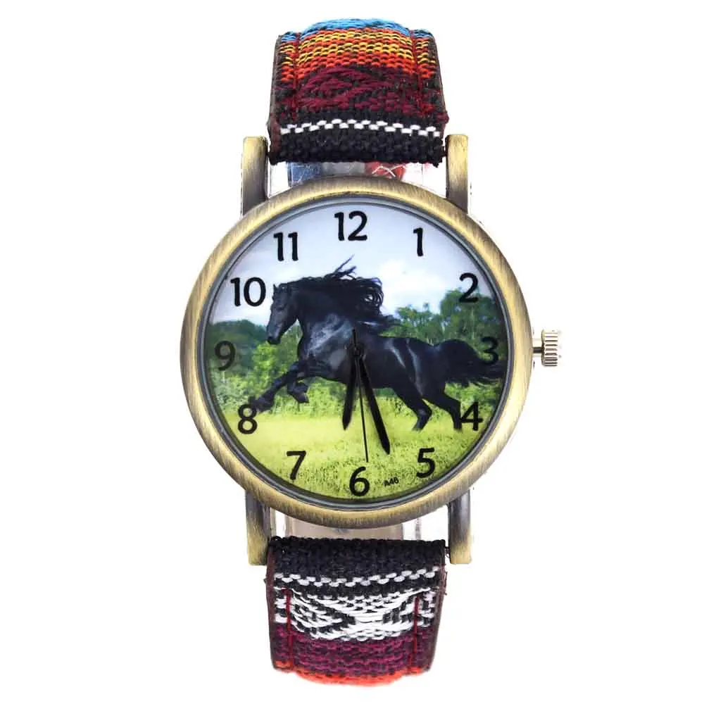 Horse Racing Steed Black Horses Fashion Casual Men Women Jewelry Canvas Cloth Strap Sport Analog Quartz Watch