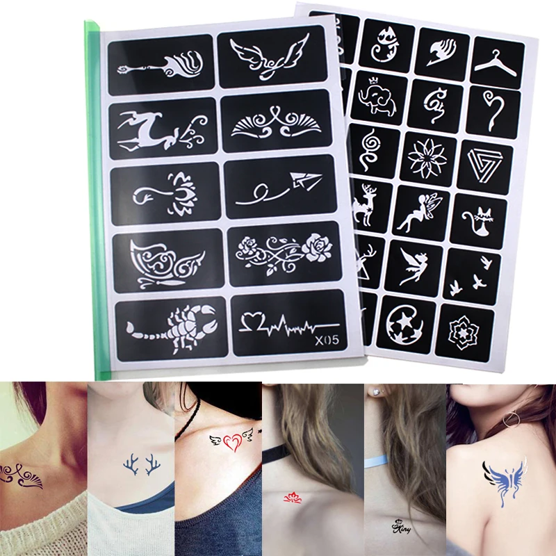 

446pcs/Lot 20 Sheets Glitter Henna Tattoo Stencils Templates Book for Women Face Body Paint Butterfly Airbrush Tattoo Album