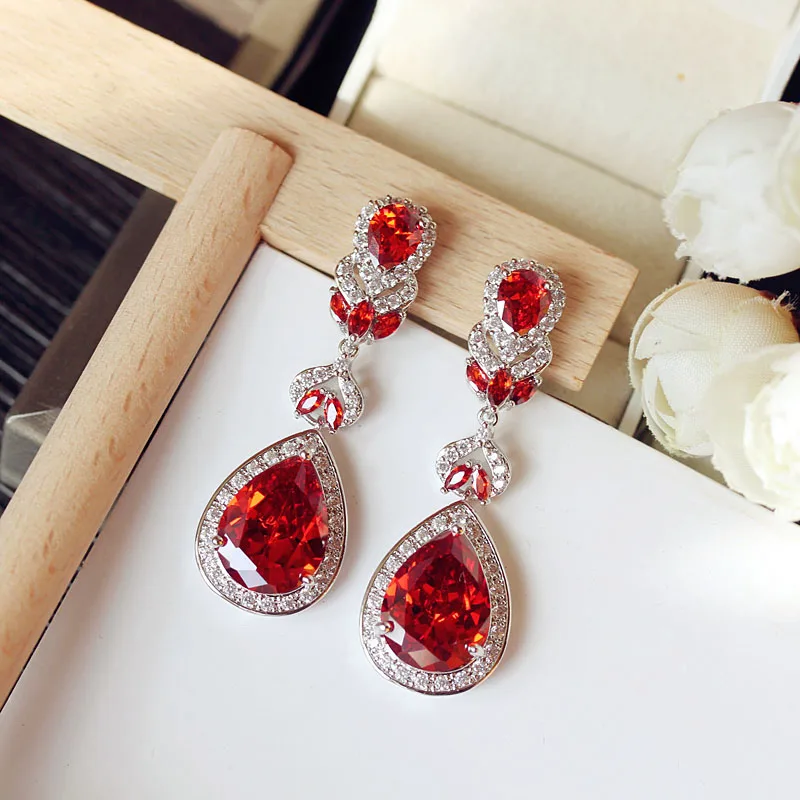 Luxury claret wine Red stone Long Drop Earrings Geometric Shape Big Square Cubic Zirconia women Party Wedding Jewelry Gift