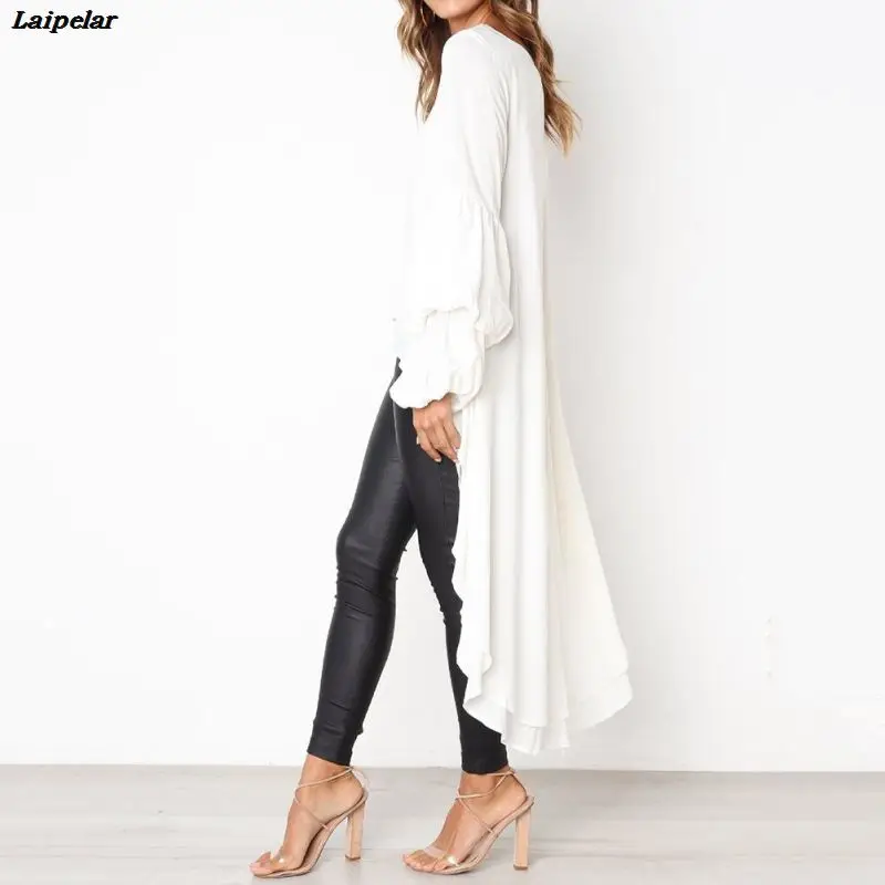 2020 Fall Nieuwe Lange Blouse Mode Bladerdeeg Mouw Baggy Asymmetrische Chiffon Lange Shirts Lantaarn Lange Mouwen Tops Blusa Feminina