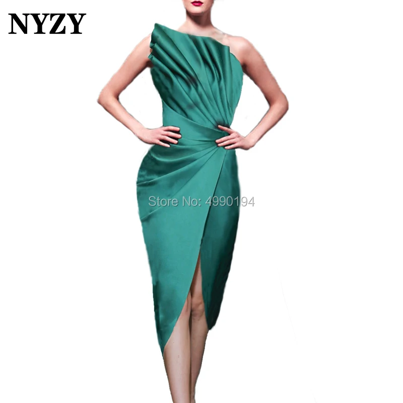 

NYZY C102 New Arrival Robe Cocktail Dress Emerald Green Satin High Slit One Shoulder Evening Dress Short vestido coctel 2019