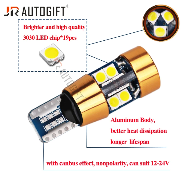 50xT10 LED W5W 194 168 Wedge 3030 19SMD Canbus no error Nonpolarity 12-24V Auto Bulb License Plate Trunk Clearance Parking Light