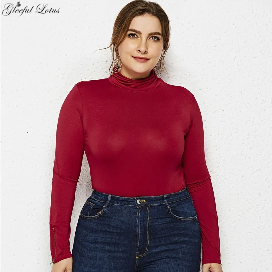 Sexy Più Il Formato Body e Tutine Donne Turtle Neck Pagliaccetto Aderente A Maniche Lunghe In Cotone Autunno Inverno Delle Signore Magliette e camicette Skinny Nero Bianco Rosso