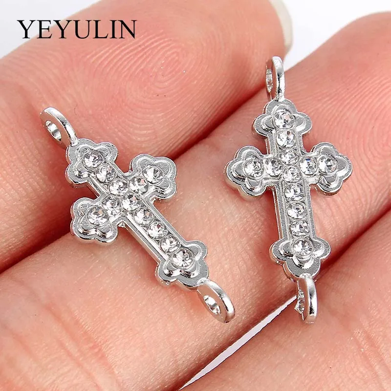 DIY Pendant Necklace Jewelry Findings  10 Pcs White K Alloy Crystal Religion Cross Connectors Beads Bracelet Charm
