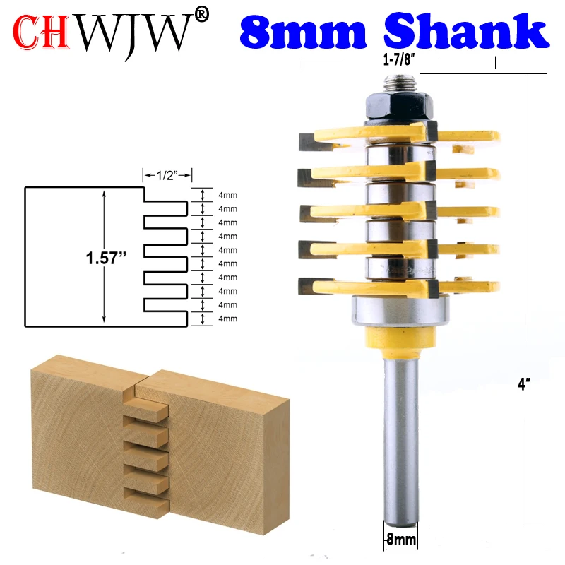 CHWJW 8mm Shank 1pc Box Joint Router Bit - Adjustable 5 Blade - 3 Flute  For Wood Cutter Tenon Cutter for Woodworking Tools