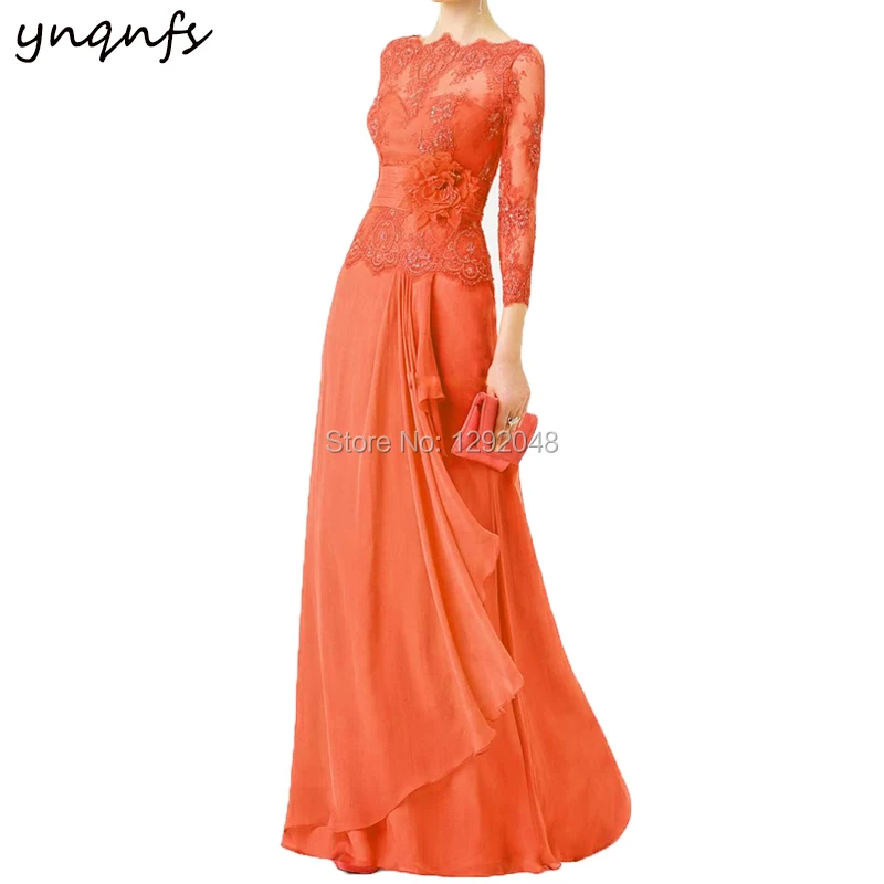 

YNQNFS P16 Boat 3/4 Long Sleeve Gown Orange Vestido de Festa Appliques Crystal Beaded Lace Bridesmaid Chiffon Dress