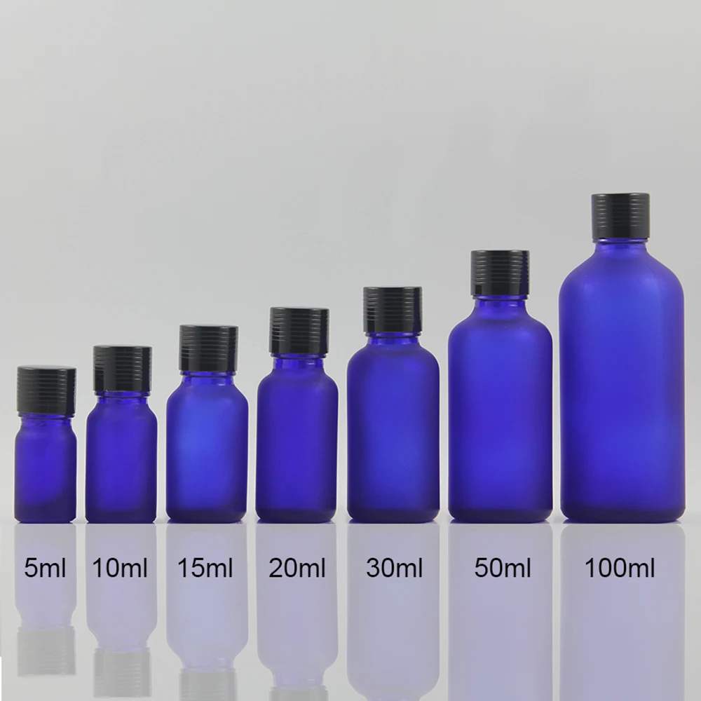 Blue flat round glass bottle 1oz, stopper serum essential oil packaging 30ml for sale