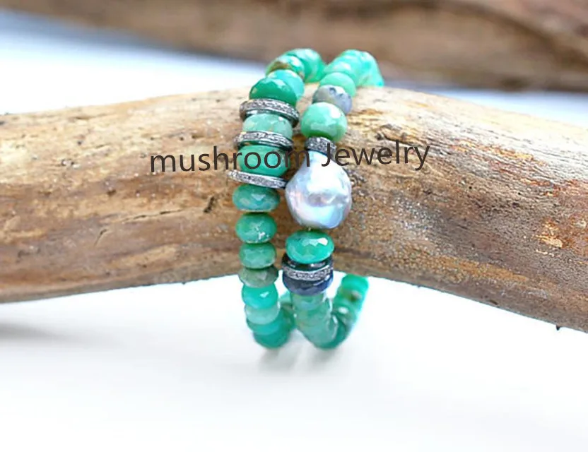 Boho Roundell Green Jades Pave Gunmetal Pave Cz Baroque Pearl Stretch Bracelet