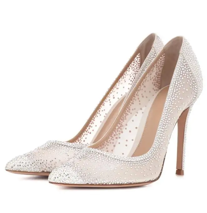 

Fashion Women Shoes High Heels Mesh Crystal Decor White Wedding Shoes Plus Size 42 Pointed Toe Low Cut High Heels Pumps 12cm