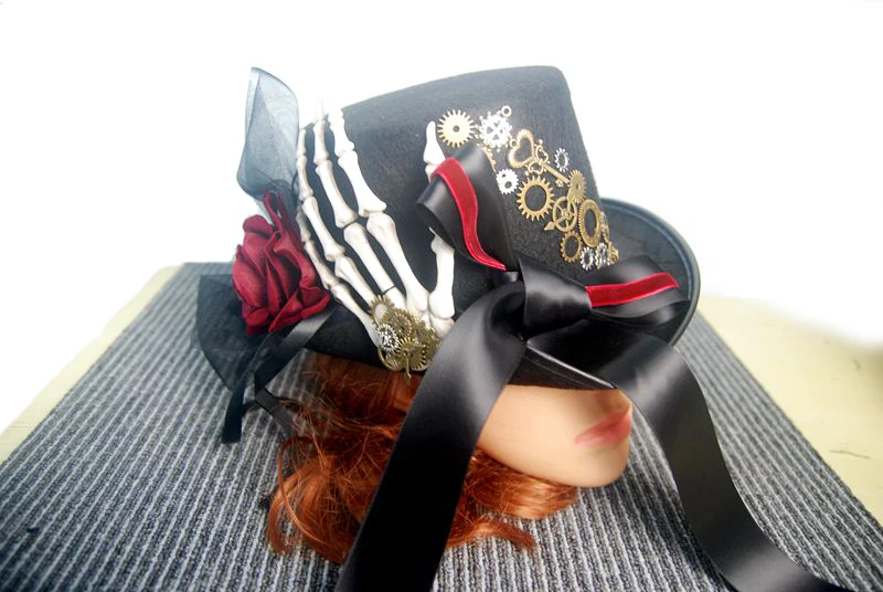 Steampunk Skeleton Hand Hat Punk Gears Ribbon Lace Hats Fedora Gothic Accessories For Man/Women