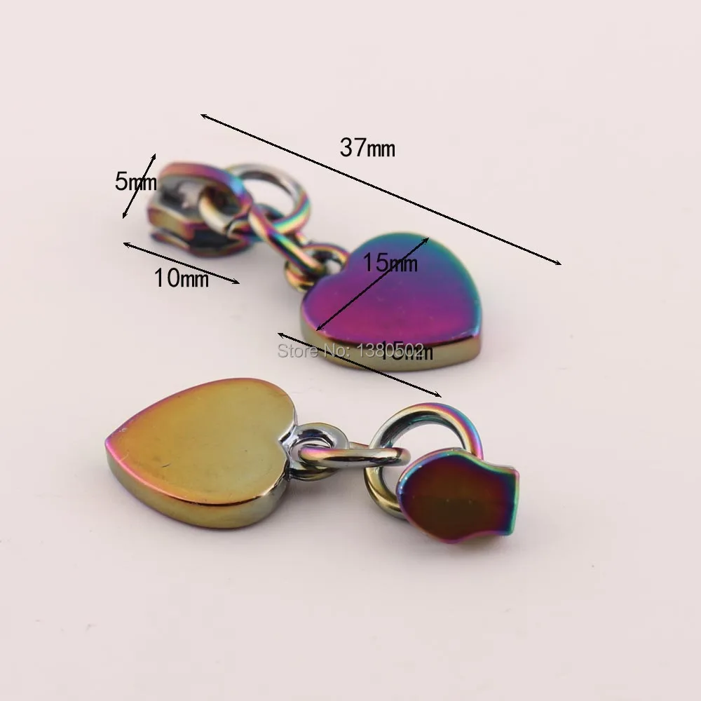 5pcs/lot Metal rainbow color zipper sliders DIY Heart Shape Design  zipper Puller head  for Sewing Tool